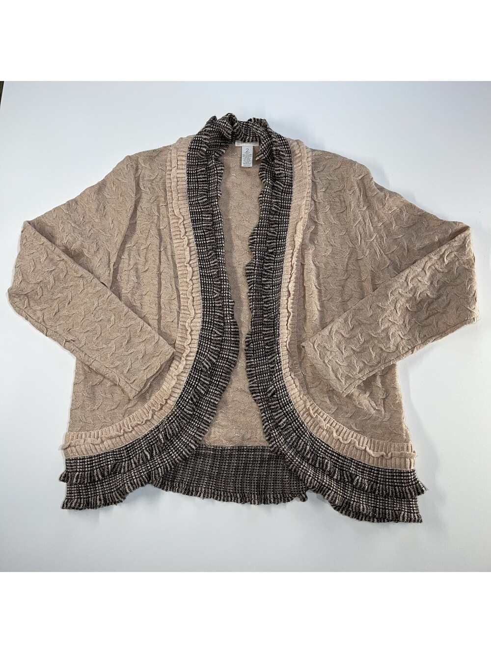 CHICOS Cardigan Sweater Sz 2 (L/12) Beige Gold Tinsel Wool Blend Ruffle Knit